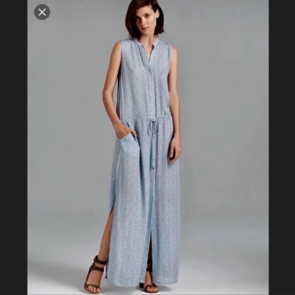 VINCE ~ Button-Front Silk Maxi Dress, Blue - Picture 6 of 6
